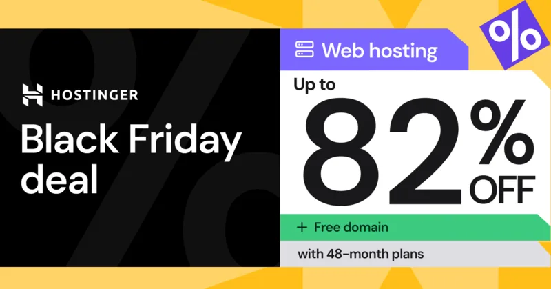 Hostinger's Black Friday banner: web hosting up to 82% off, free domain with 48-month plans